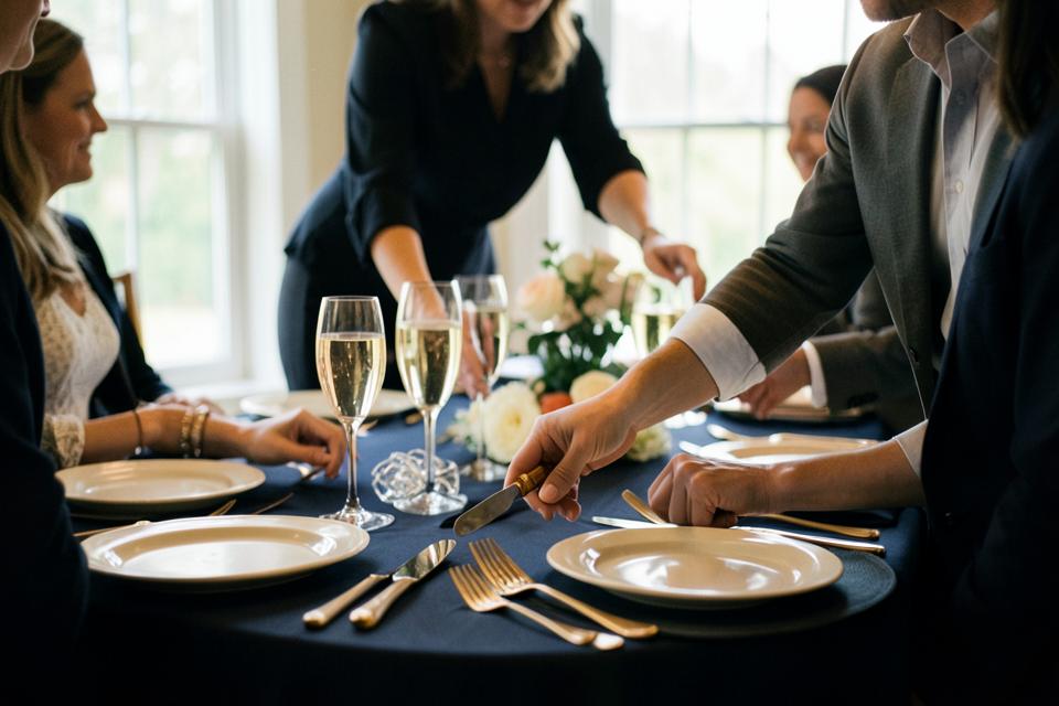 Catering staff setting an elegant dinner table before guests arrive