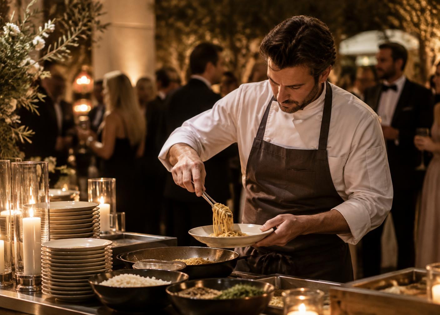 A chef plating pasta at an attended station during an evening event