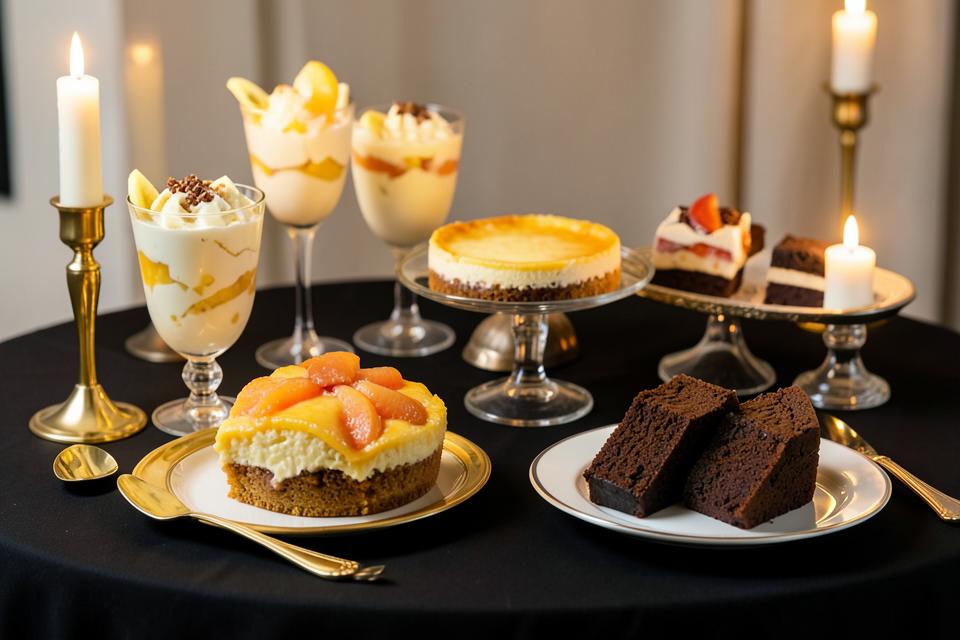 Southern dessert assortment with pudding, cobbler, cake, and brownies