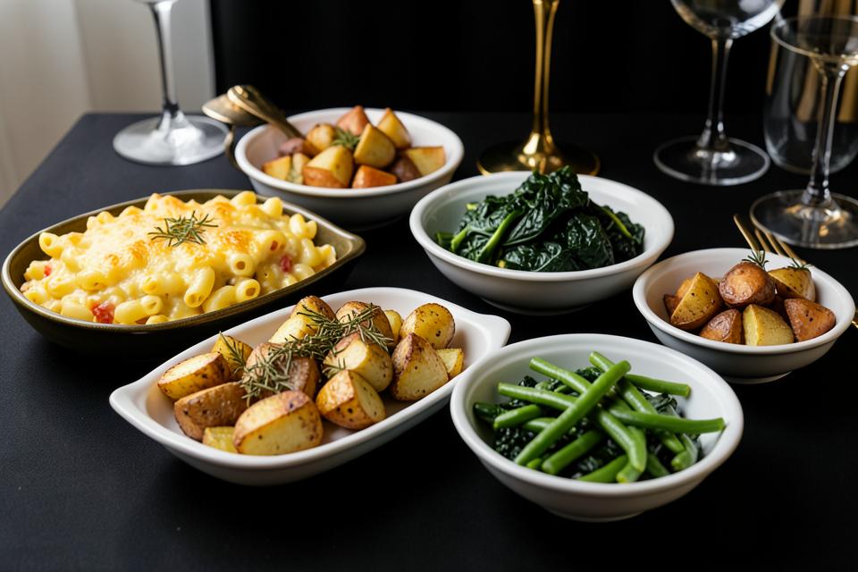Southern side dishes including macaroni and cheese, potatoes, greens, and green beans
