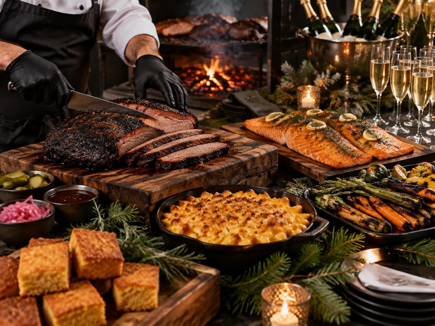Chef carving smoked brisket beside cedar-plank salmon, macaroni and cheese, vegetables, and cornbread