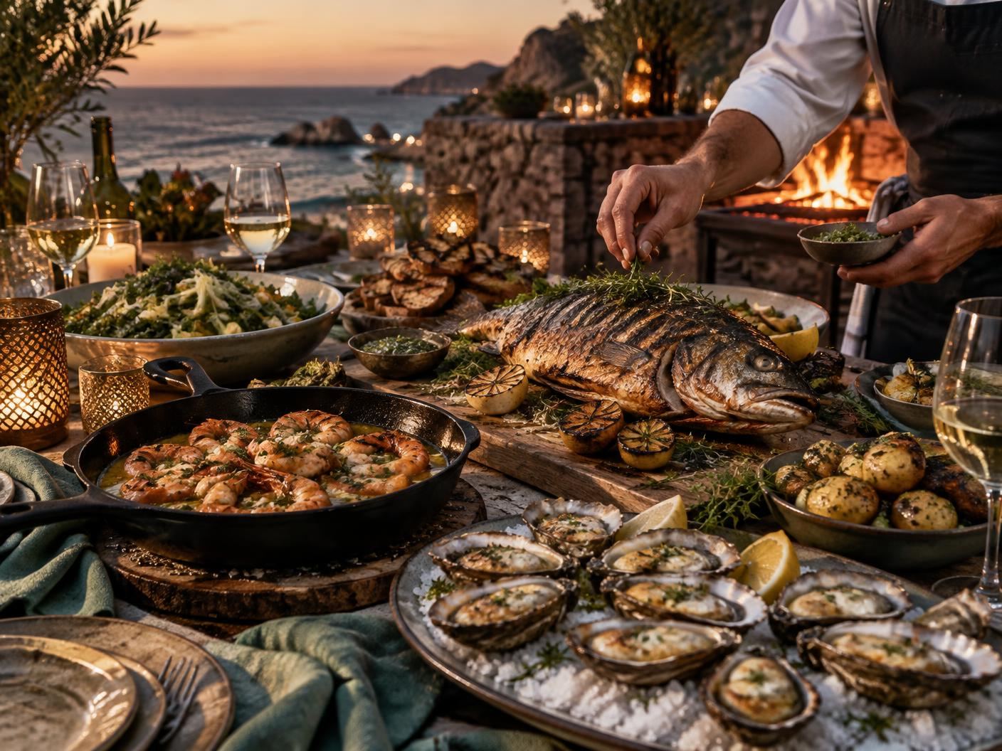 Chef presenting a whole fire-roasted fish with grilled oysters, garlic shrimp, potatoes, and lemon