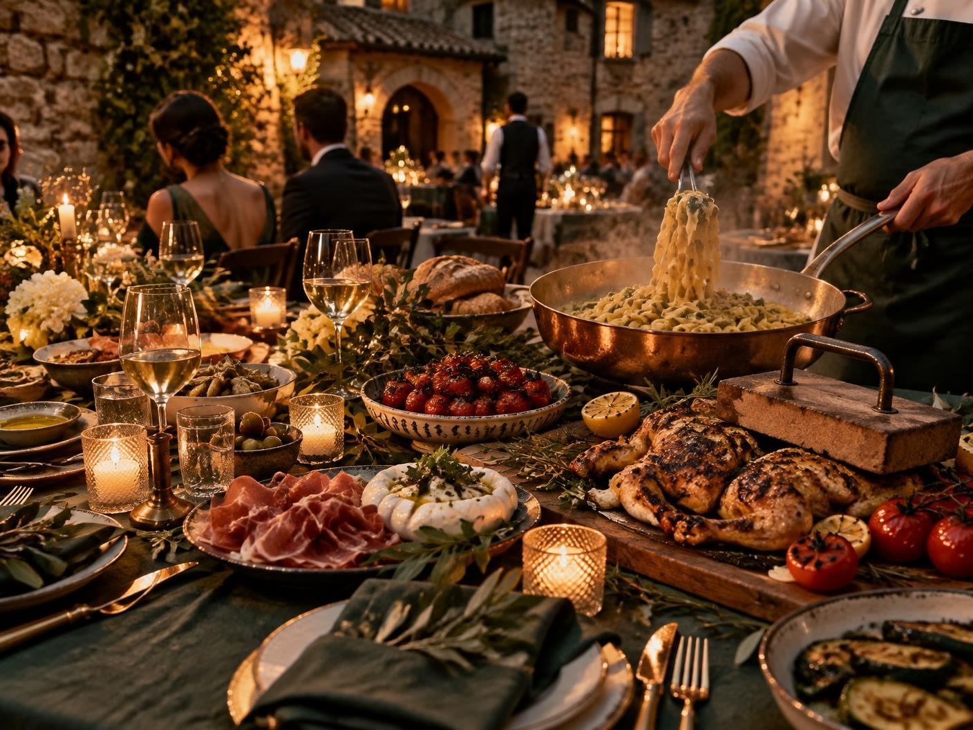 Chef finishing pasta in a copper pan at an Italian-inspired catered table with antipasti and grilled chicken
