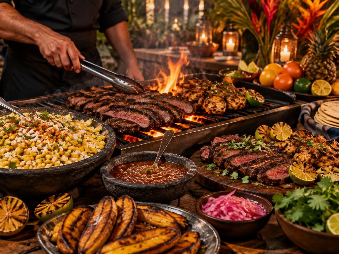 Chef grilling carne asada and citrus chicken with esquites, plantains, salsa, and fresh limes